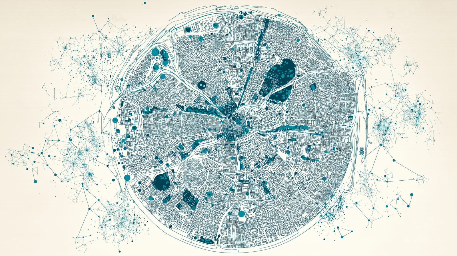 Cellular atlas — a map-like view of a cell showing organelle districts and protein interaction neighborhoods